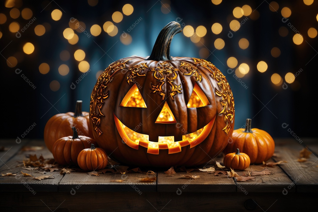 Uma assustadora abóbora de Halloween sobre banco de madeira