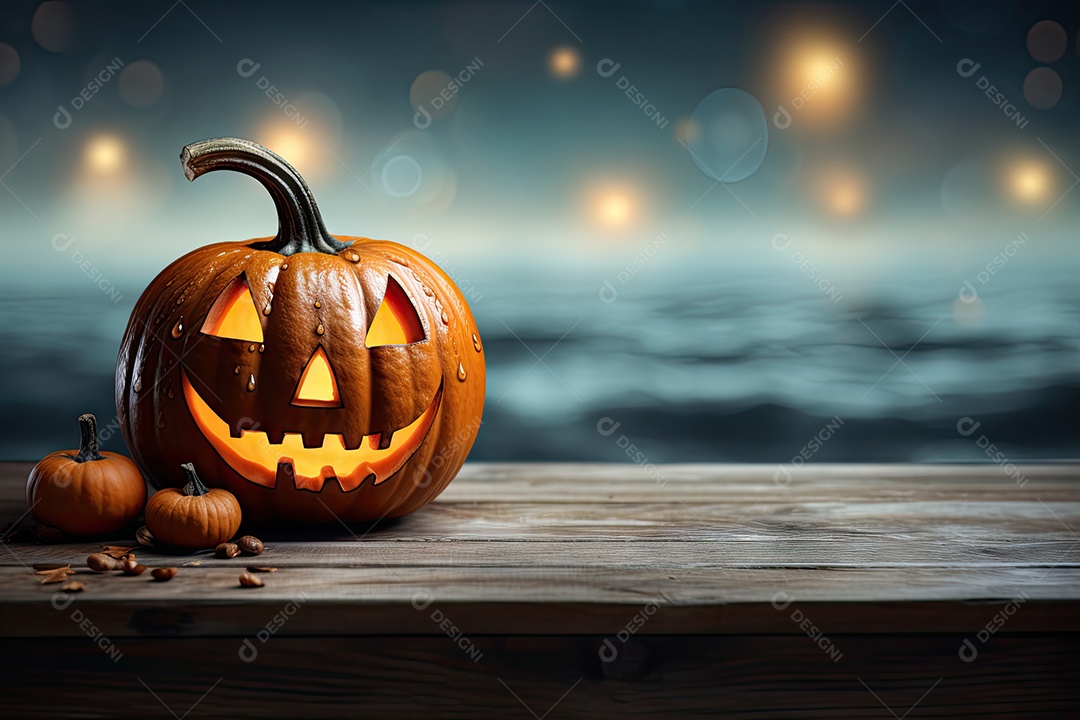 Uma assustadora abóbora de Halloween sobre banco de madeira