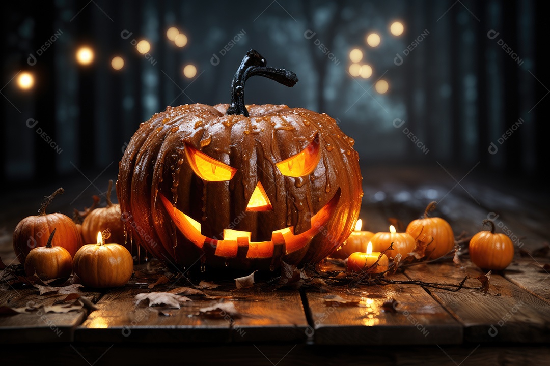 Uma assustadora abóbora de Halloween sobre banco de madeira