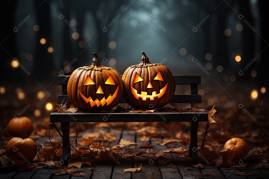 Uma assustadora abóbora de Halloween sobre banco de madeira