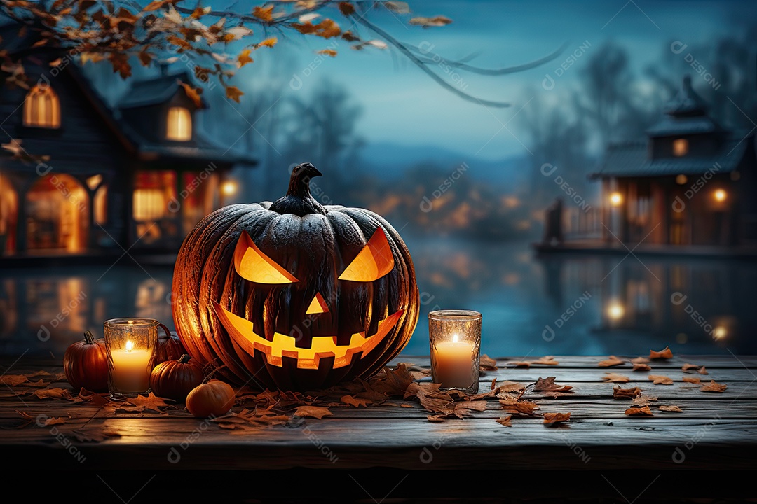 Uma assustadora abóbora de Halloween sobre banco de madeira