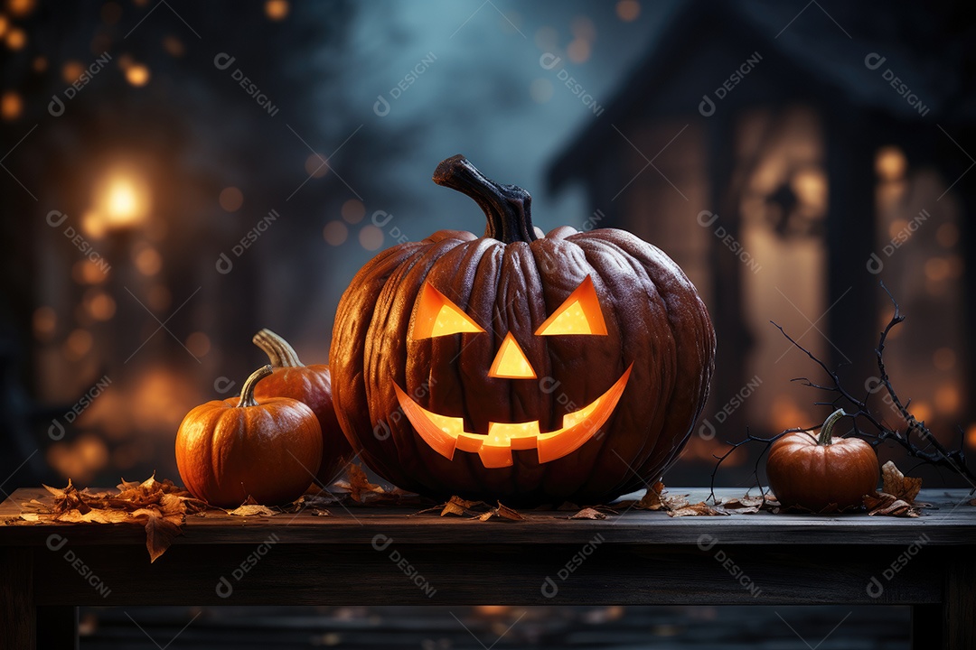 Uma assustadora abóbora de Halloween sobre banco de madeira