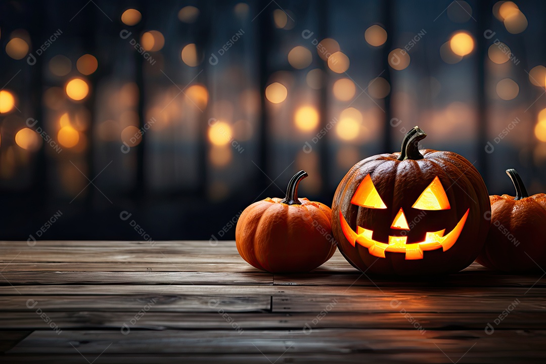 Uma assustadora abóbora de Halloween sobre banco de madeira