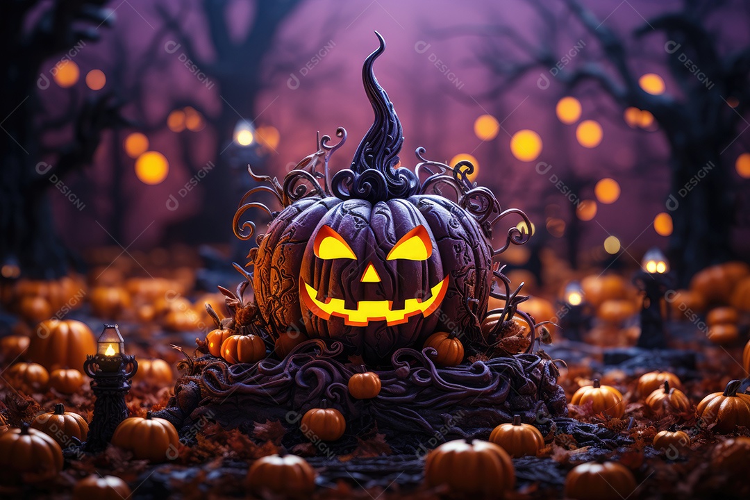 Uma assustadora abóbora de Halloween sobre banco de madeira