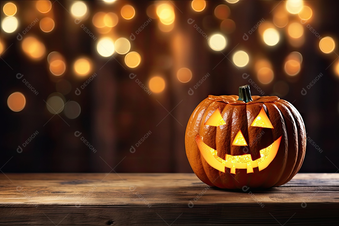 Uma assustadora abóbora de Halloween sobre banco de madeira