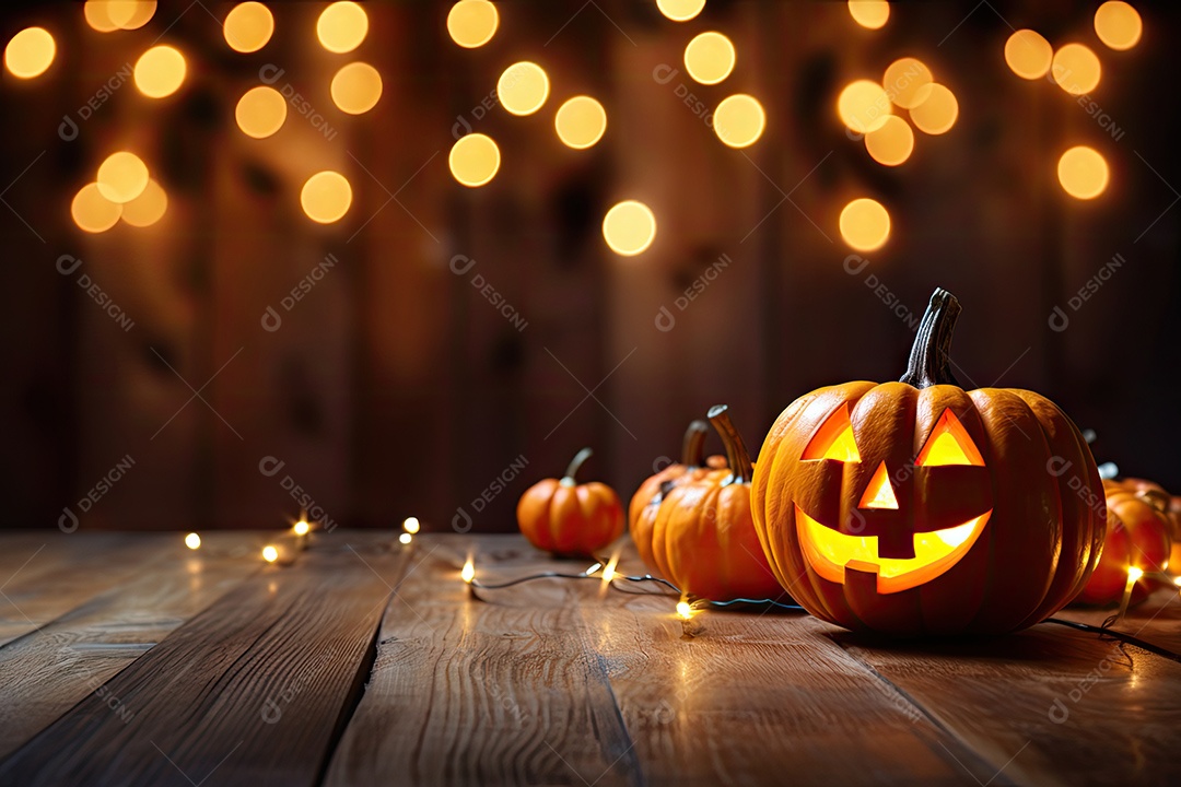 Uma assustadora abóbora de Halloween sobre banco de madeira