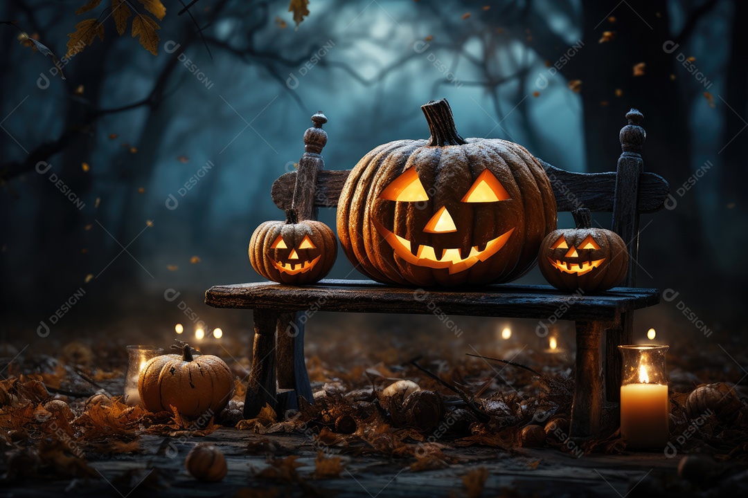 Uma assustadora abóbora de Halloween sobre banco de madeira