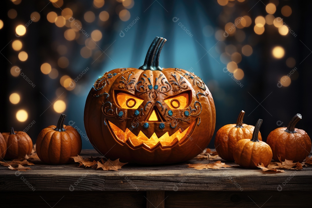 Uma assustadora abóbora de Halloween sobre banco de madeira