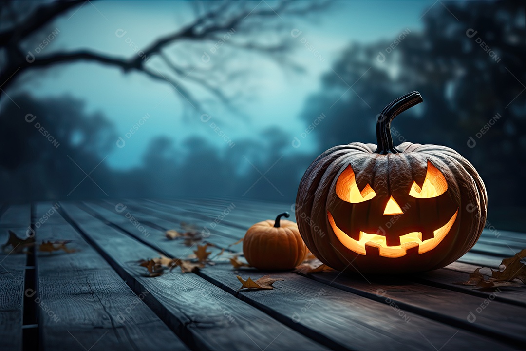 Uma assustadora abóbora de Halloween sobre banco de madeira