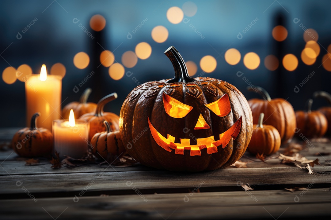 Uma assustadora abóbora de Halloween sobre banco de madeira