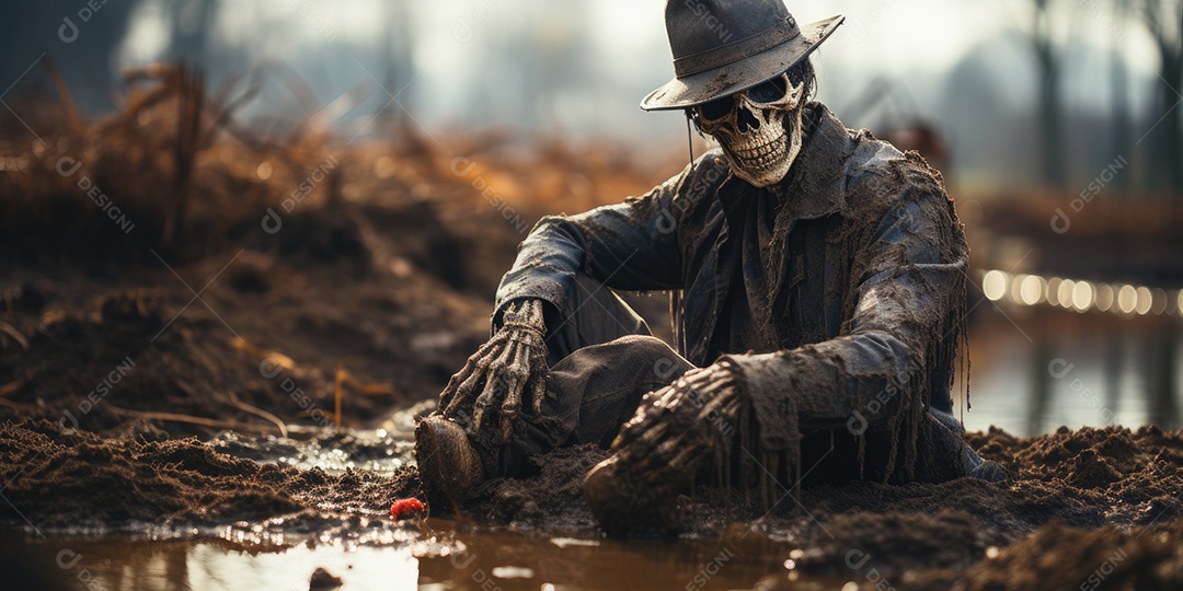 Um esqueleto jazia no chão assustador gerado por IA Generativa