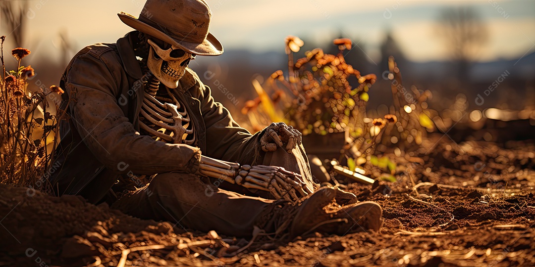 Um esqueleto jazia no chão assustador gerado por IA Generativa