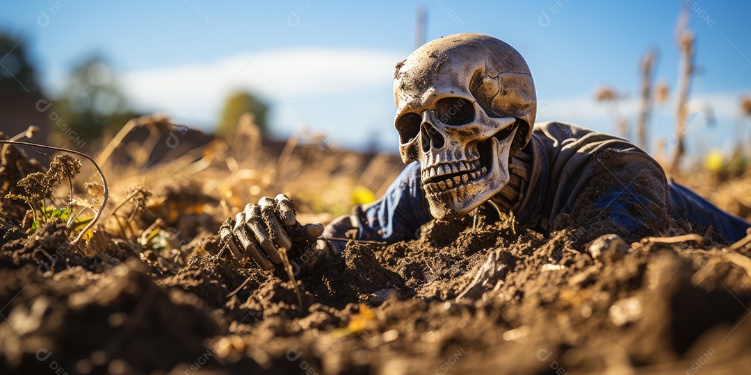 Um esqueleto jazia no chão assustador gerado por IA Generativa