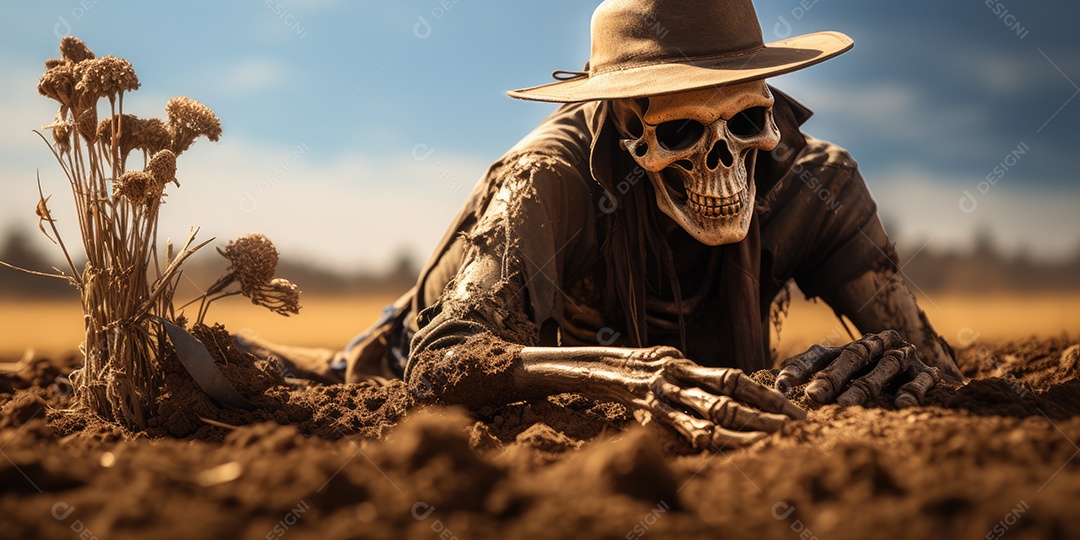 Um esqueleto jazia no chão assustador gerado por IA Generativa