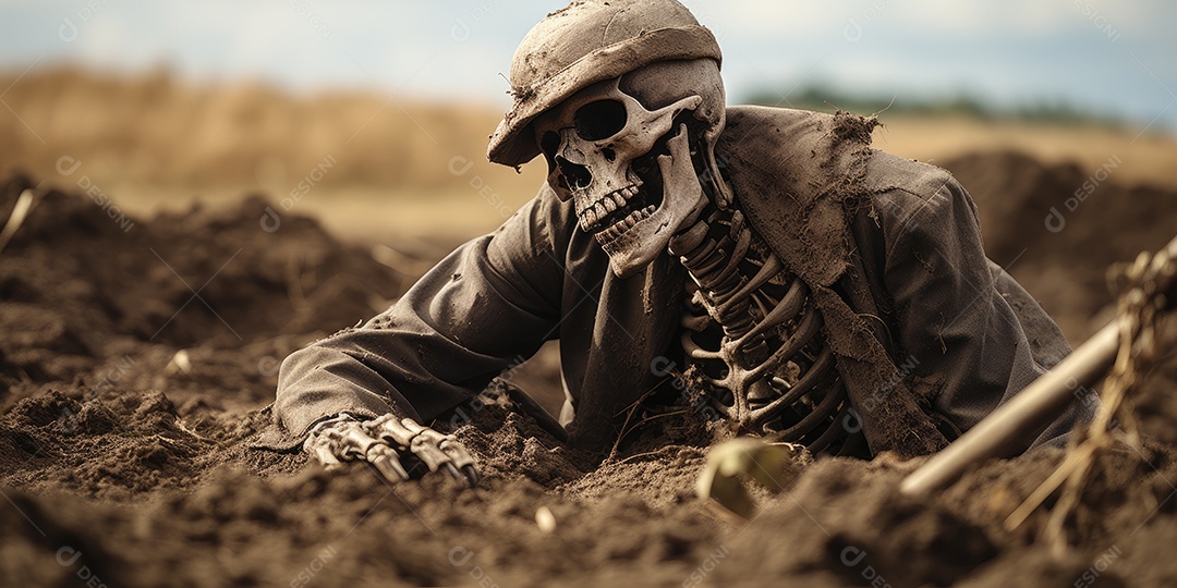 Um esqueleto jazia no chão assustador gerado por IA Generativa