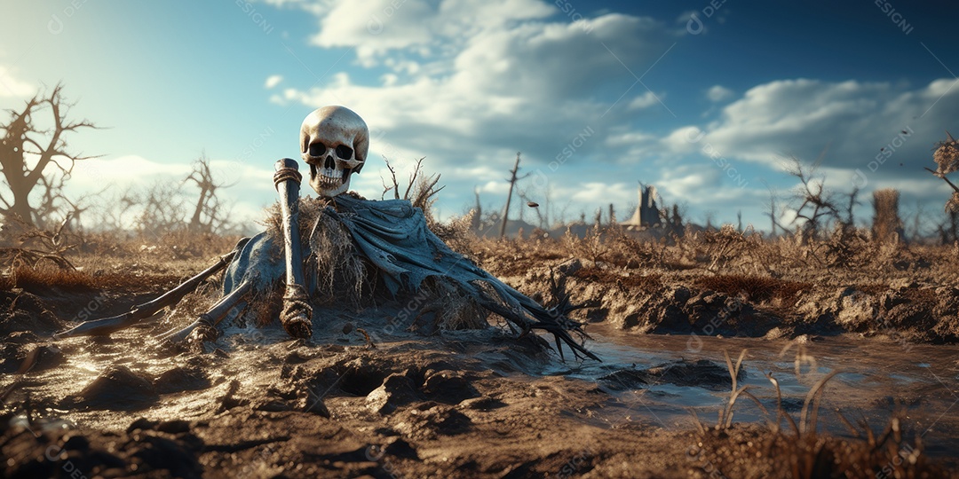 Um esqueleto jazia no chão assustador gerado por IA Generativa