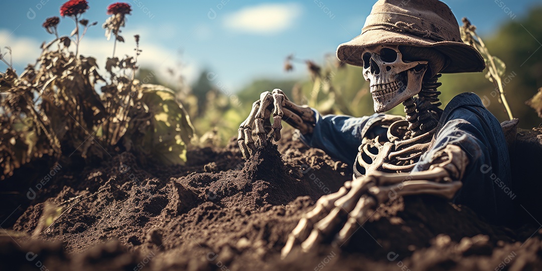 Um esqueleto jazia no chão assustador gerado por IA Generativa