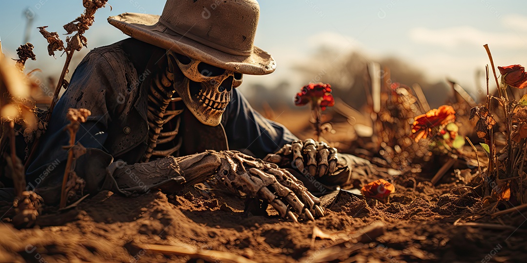 Um esqueleto jazia no chão assustador gerado por IA Generativa