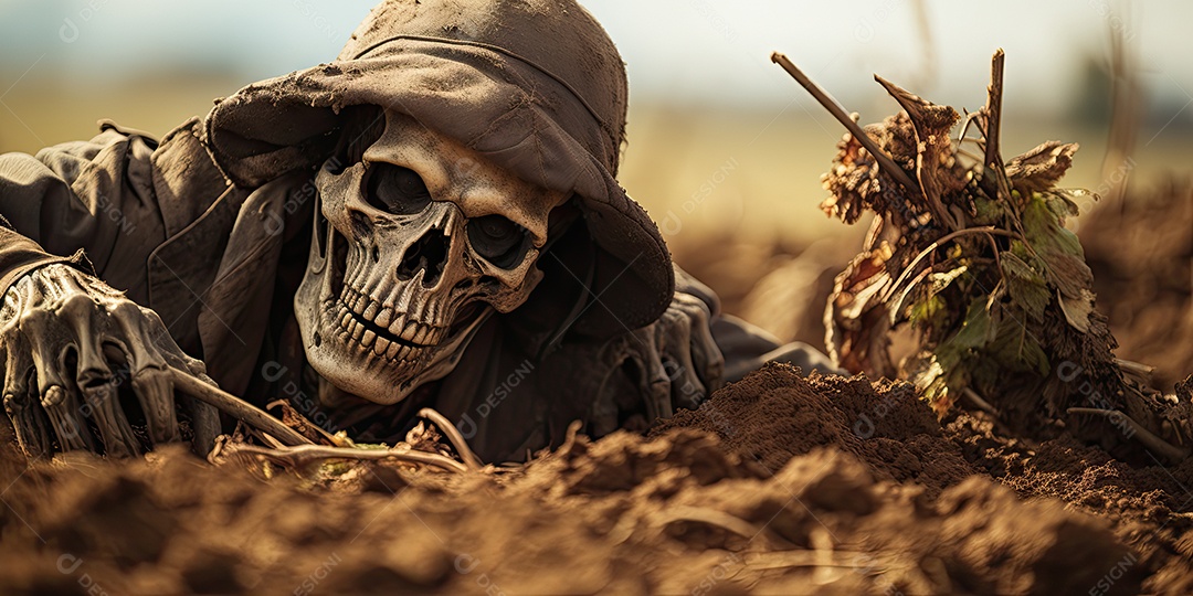 Um esqueleto jazia no chão assustador gerado por IA Generativa