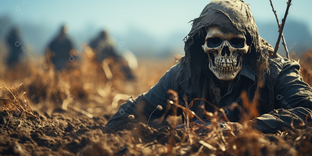 Um esqueleto jazia no chão assustador gerado por IA Generativa