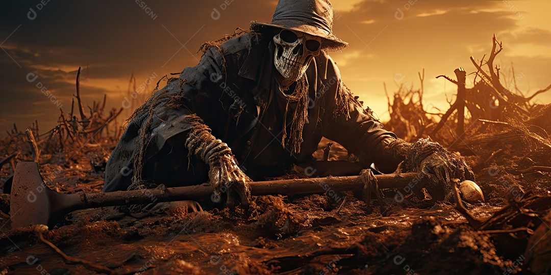 Um esqueleto jazia no chão assustador gerado por IA Generativa