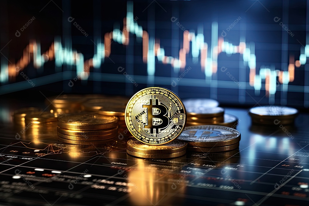 Investimento em Bitcoin e gráfico em fundo de gráfico de flutuação