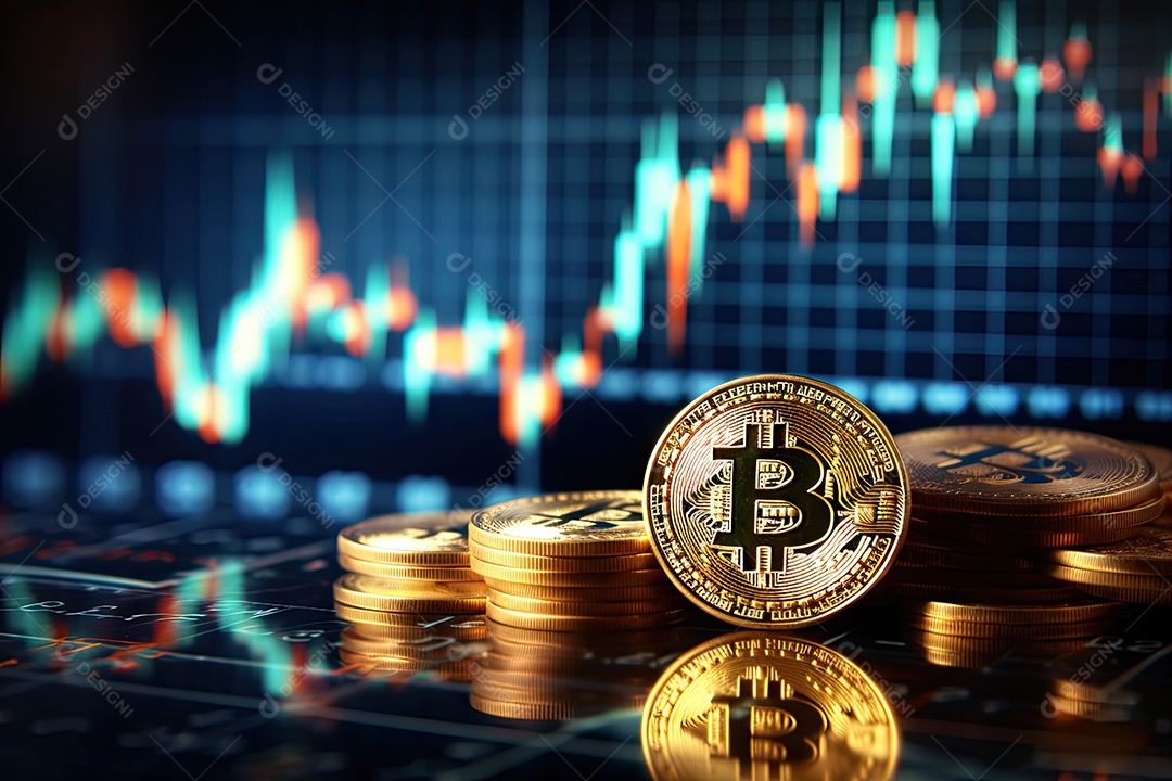 Investimento em Bitcoin e gráfico em fundo de gráfico de flutuação