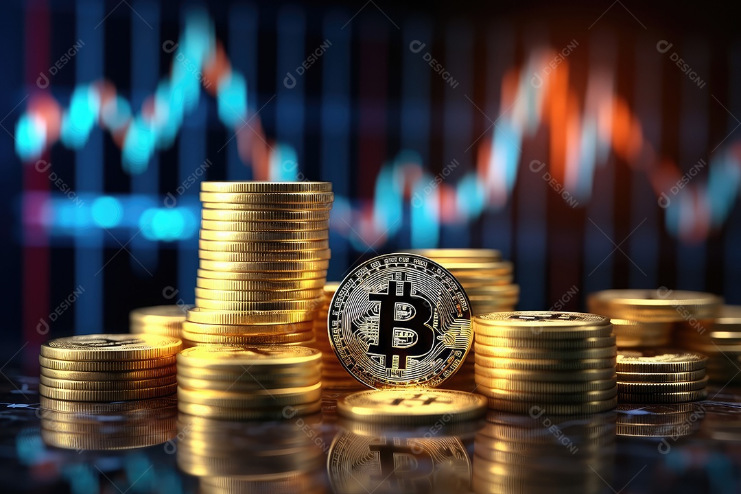 Investimento em Bitcoin e gráfico em fundo de gráfico de flutuação