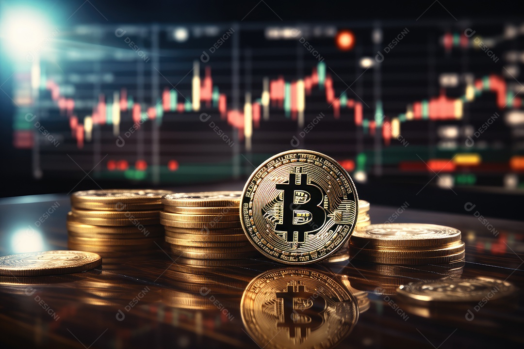 Investimento em Bitcoin e gráfico em fundo de gráfico de flutuação