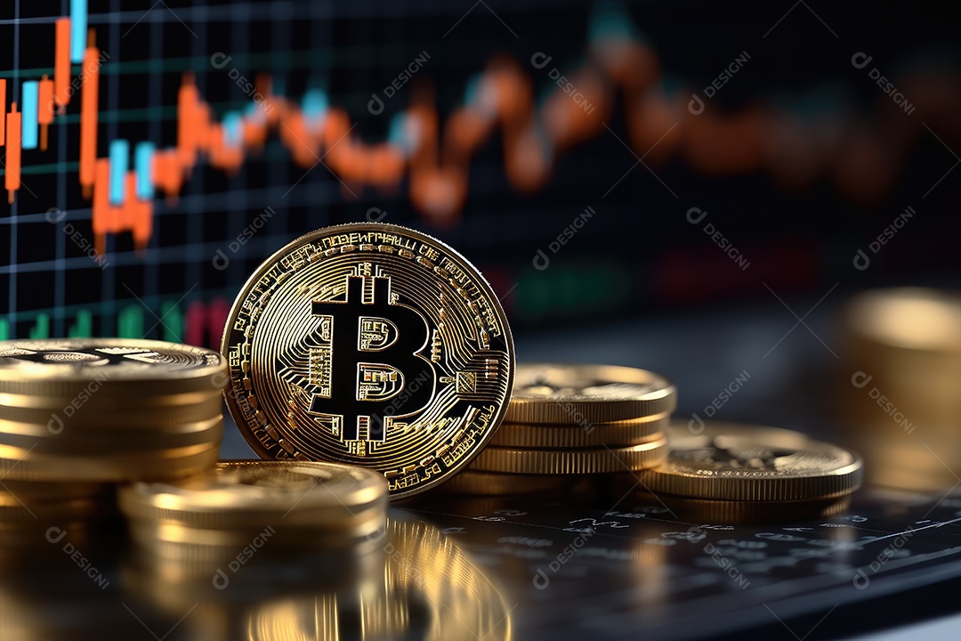 Investimento em Bitcoin e gráfico em fundo de gráfico de flutuação