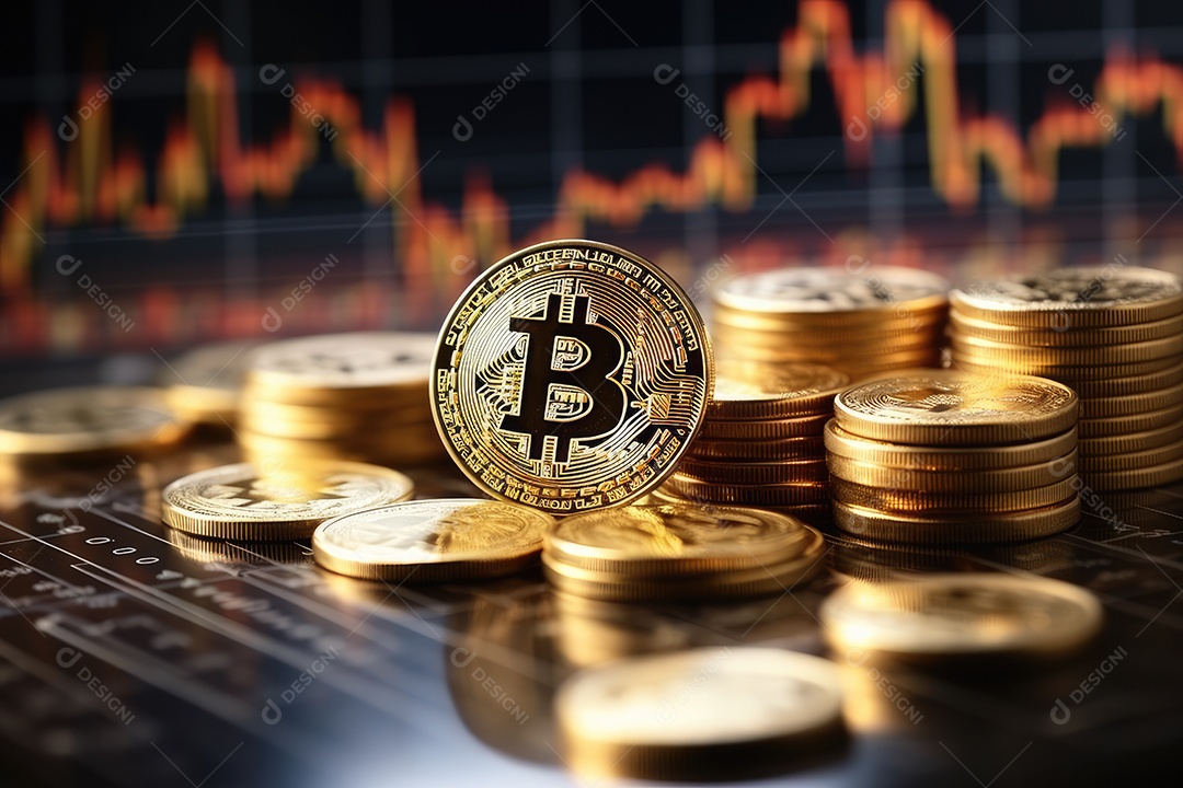 Investimento em Bitcoin e gráfico em fundo de gráfico de flutuação