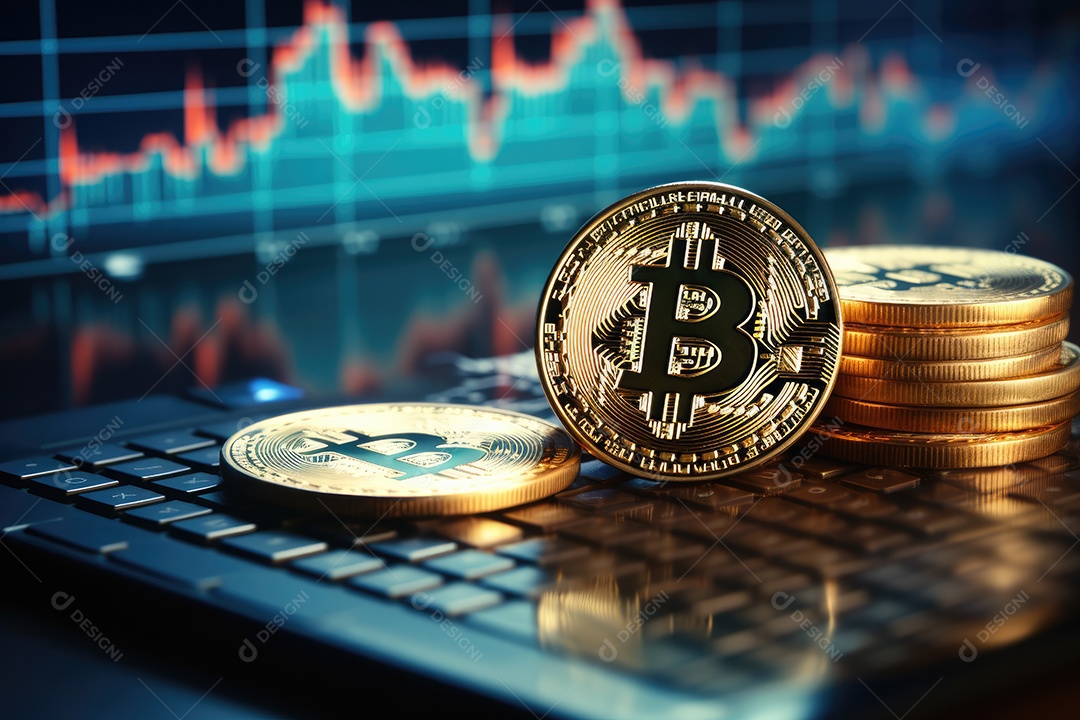 Investimento em Bitcoin e gráfico em fundo de gráfico de flutuação