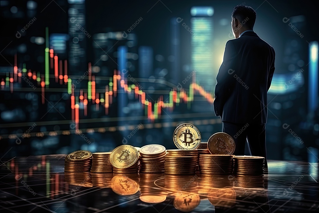 Investimento em Bitcoin e gráfico em fundo de gráfico de flutuação