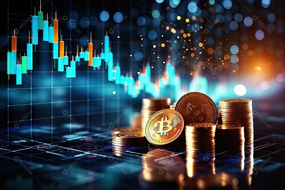 Investimento em Bitcoin e gráfico em fundo de gráfico de flutuação