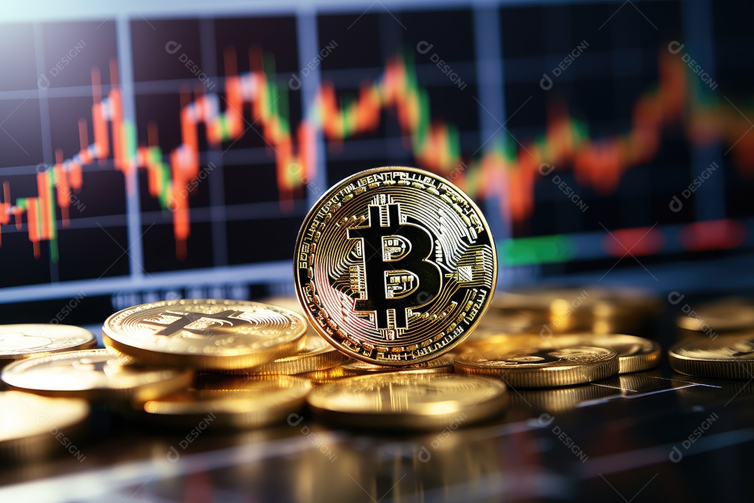 Investimento em Bitcoin e gráfico em fundo de gráfico de flutuação