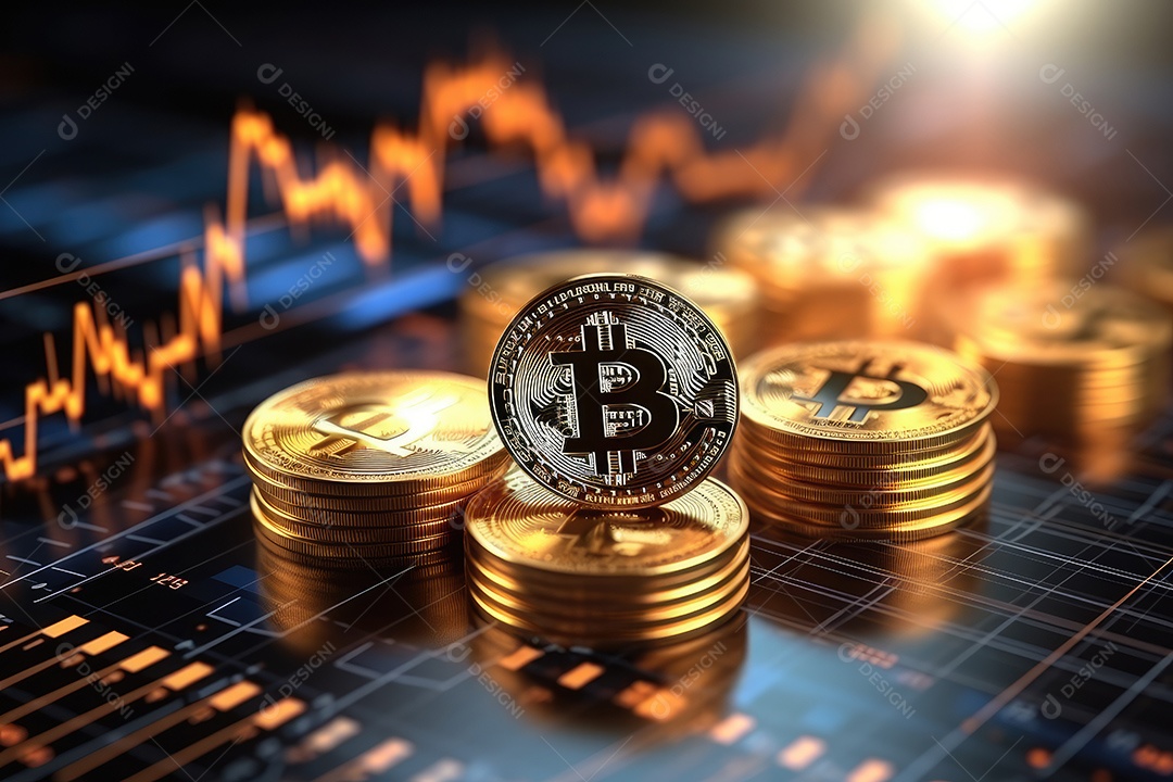 Investimento em Bitcoin e gráfico em fundo de gráfico de flutuação