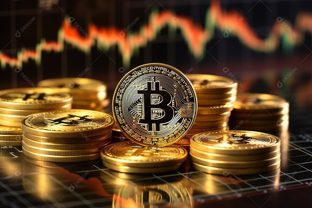 Investimento em Bitcoin e gráfico em fundo de gráfico de flutuação