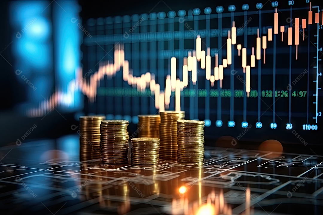 Investimento em Bitcoin e gráfico em fundo de gráfico de flutuação