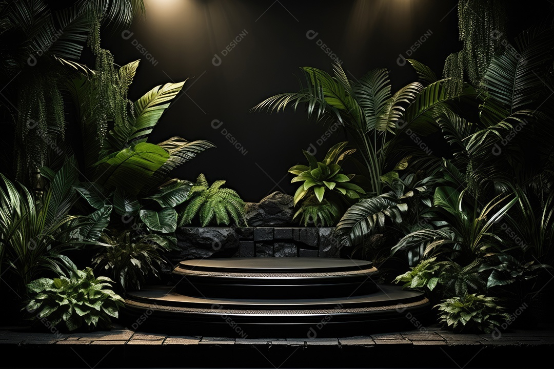 Renderização 3D de fundo preto com folhas tropicais e pódios
