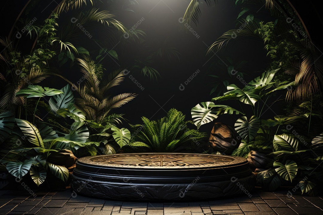 Renderização 3D de fundo preto com folhas tropicais e pódios