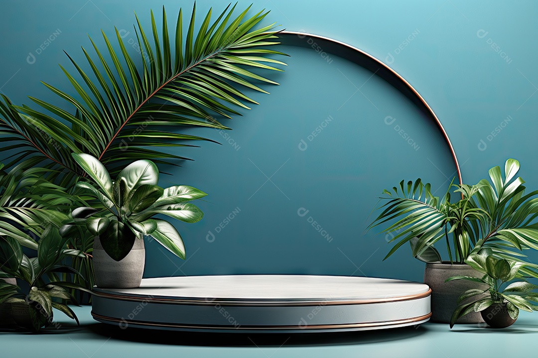 Renderização 3D de fundo azul com folhas tropicais e pódios