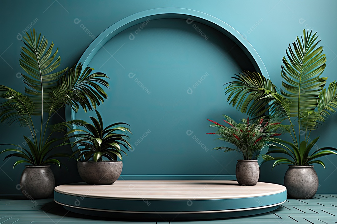 Renderização 3D de fundo azul com folhas tropicais e pódios