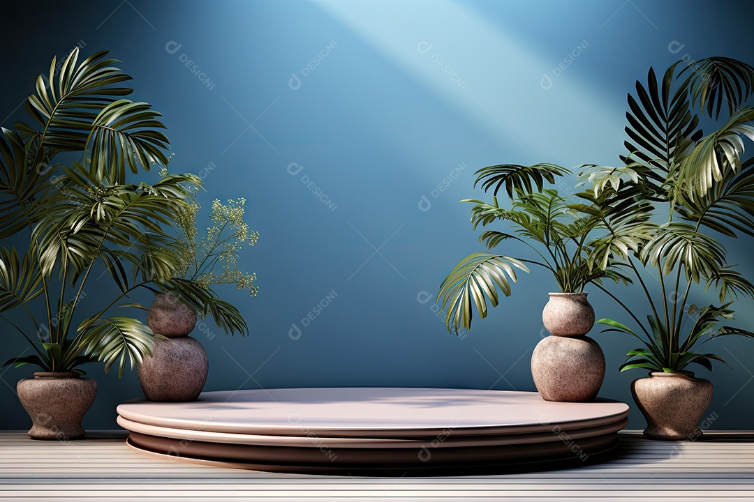 Renderização 3D de fundo azul com folhas tropicais e pódios
