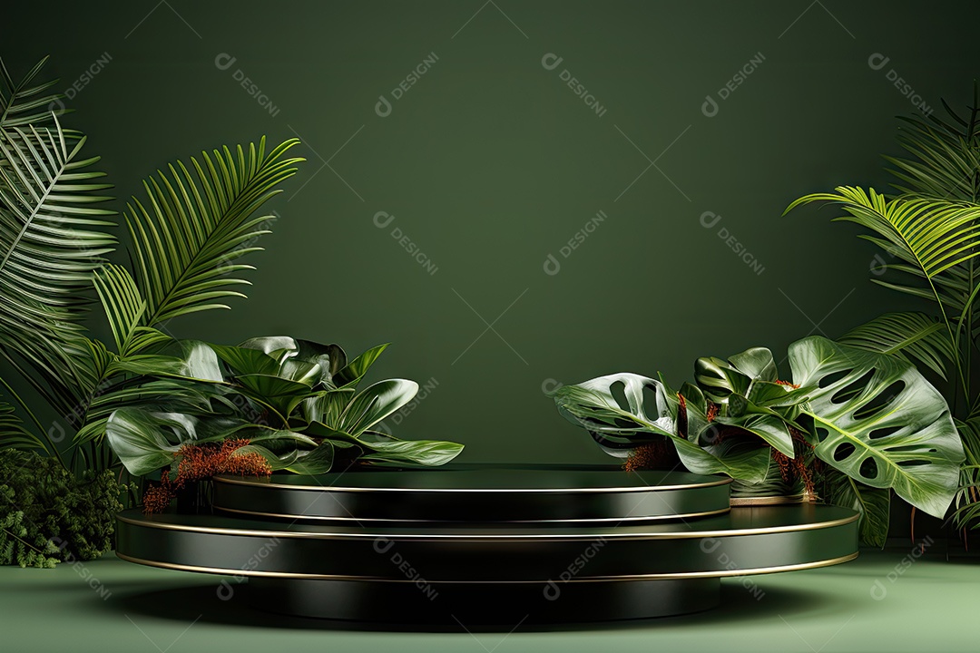 Renderização 3D de fundo verde com folhas tropicais e pódios