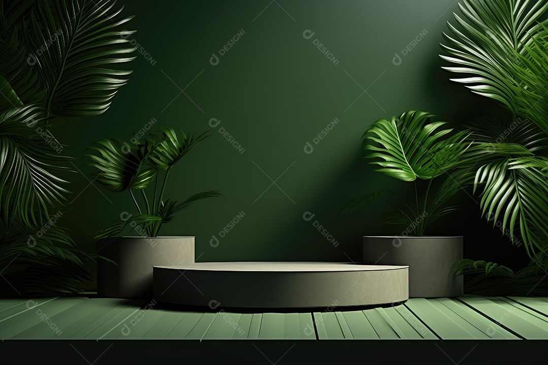 Renderização 3D de fundo verde com folhas tropicais e pódios