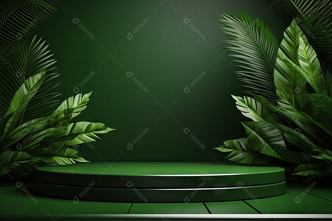 Renderização 3D de fundo verde com folhas tropicais e pódios