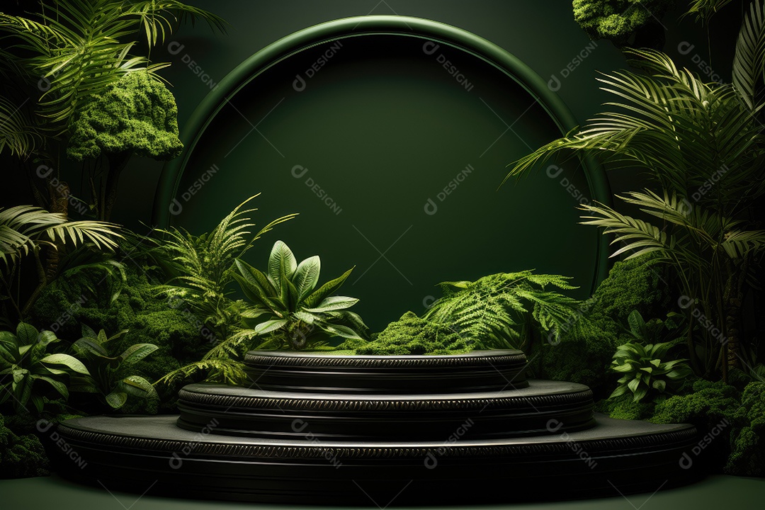 Renderização 3D de fundo verde com folhas tropicais e pódios