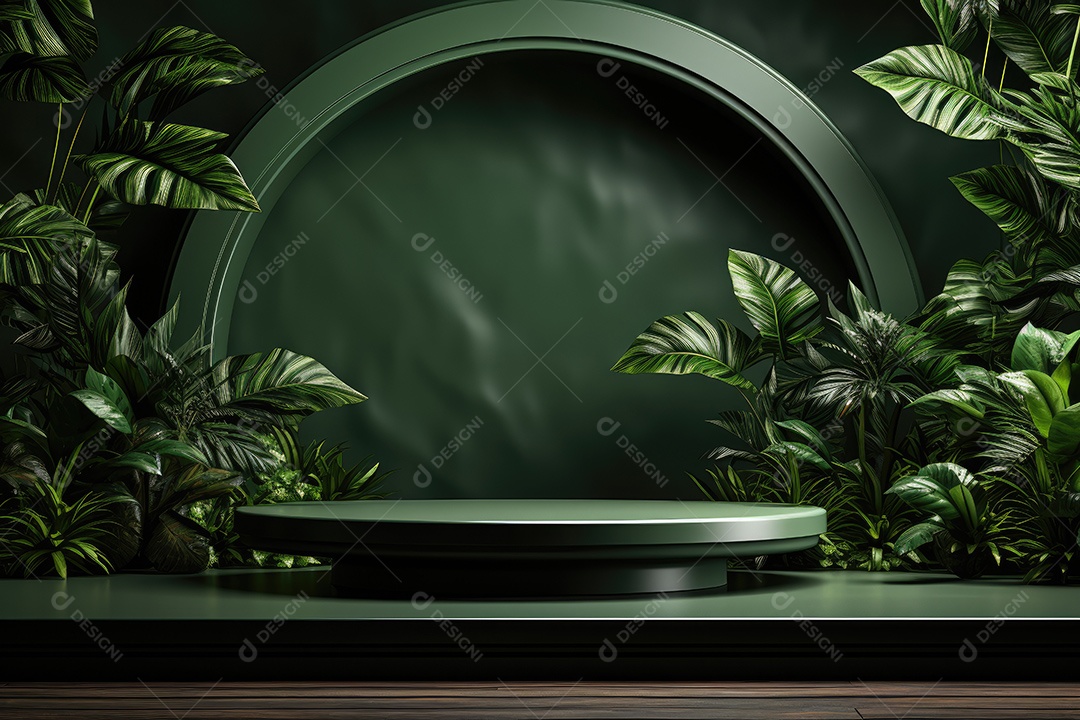 Renderização 3D de fundo verde com folhas tropicais e pódios
