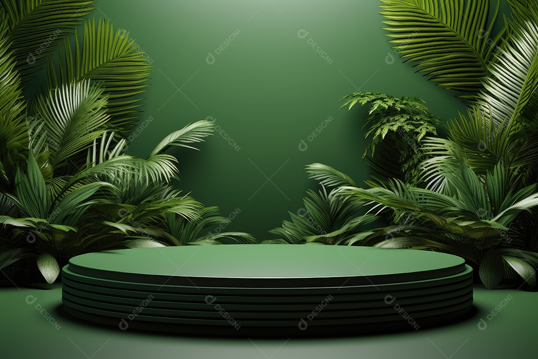 Renderização 3D de fundo verde com folhas tropicais e pódios