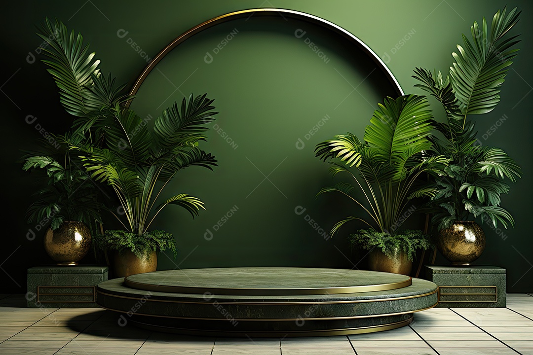 Renderização 3D de fundo verde com folhas tropicais e pódios